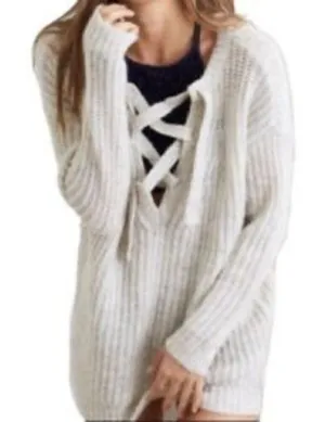 Aerie Womens Size Small Oversized Lace-Up Pullover Sweater Tunic Oatmeal Heather thumbnail 1