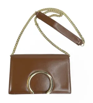 Faux Leather Brown Structured Gold Tone Horseshoe Chain Purse Bag thumbnail 1