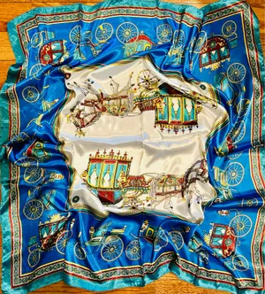 VINTAGE EQUESTRIAN horse&carriage ROYAL BLUE silky SCARF 35’/35’ inches thumbnail 2