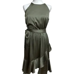 Jennifer Lopez Halter Ruffle Satin Dress Olive Green Cocktail Party Wedding‎ S thumbnail 2