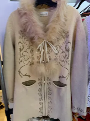 Long cream sweater with chauffeur around collar and cute fur pom-pom ties thumbnail 1