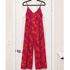 Free People Hot Tropics Jumpsuit Pink Palm Print Wide Leg Tie Front Boho Size 4 thumbnail 5
