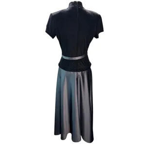Vintage 80s Bari Jay Black Velvet Satin Belted Peplum Midi Cocktail Dress 9/10 thumbnail 4