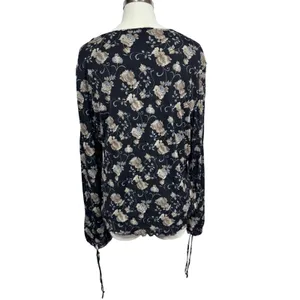 Old Navy XXL Black Floral‎ V-Neck Top Women's Long Sleeve Cinch Cuff thumbnail 6