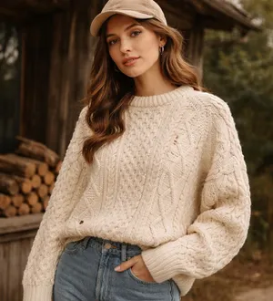 Unbranded Aran Cable Knit Wool Sweater Cream Fisherman Chunky Crewneck thumbnail 1