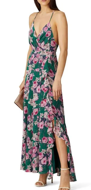 Astr Floral Green Maxi Dress with Pink Rose Print thumbnail 1