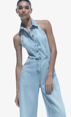 Zara jumpsuit denim halter wide leg open back bohemian casual summer thumbnail 11