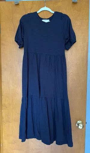 Loft Navy Midi Dress puff sleeve tiered M thumbnail 2