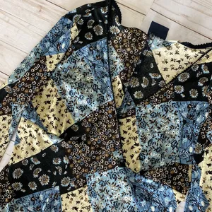 Y2k vintage boho floral patchwork blouse long sleeve blue brown tan large thumbnail 3