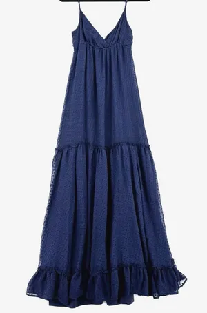 Tori Richard Silk Blend Maxi Dress 0 Navy Swiss Dot Tiered Boho Resort Romantic thumbnail 1