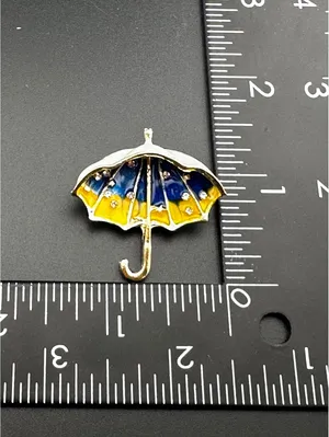 Umbrella Shaped Brooch with White, Blue, and Yellow Enamel thumbnail 4