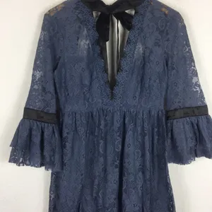 NWT Free People Gilded Lace Victorian Dusty Blue Bow Tunic Mini Dress Small thumbnail 10