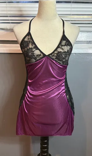Source Unknown Plum Satin Chemise with Black Lace thumbnail 1