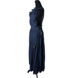 Lulus Navy Blue Ruffle Chiffon Midi Maxi‎ Dress Flowy One Shoulder Formal Size M thumbnail 12