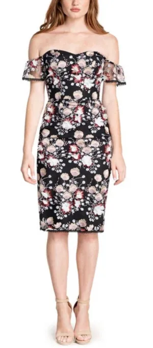 Dress‎ the Population Tara Floral Embroidered Black Multi Dress Size Large thumbnail 1