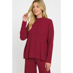 Zenana Viscose Sweater Top & Pants Set - Cabernet - Medium thumbnail 2