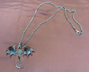 Silver Dragon Pendant Necklace with Red Gem Accents thumbnail 1