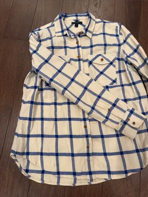J. Crew Cream and Blue Large Windowpane Button-Down Shirt Size 10 - C1-612 thumbnail 4