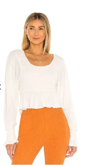 Free People Free Spirit Smocked Crop Top S Ivory Cream Peplum Ruffle Knit Blouse thumbnail 1