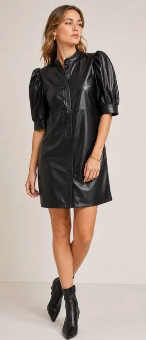 Gap Faux Leather Puff Sleeve Black Mini Shirtdress XS Petite thumbnail 1