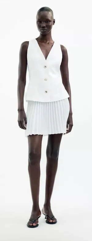 Zara Dress Women XL White Old Money‎ Pleated Mini Skirt V-Neck Waistcoat Vest thumbnail 1