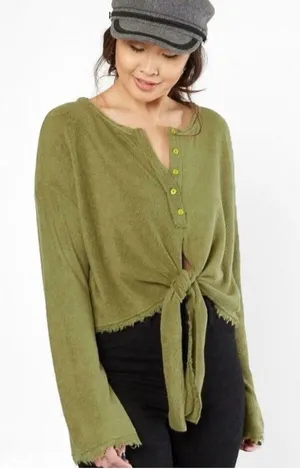Free people Emma Henley tie green knit top dirty martini size small thumbnail 1