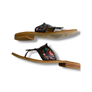 Jack Rogers Jacks Flat Sandals Navy Floral Leather Whipstitch Thong‎ Slide 9M thumbnail 6