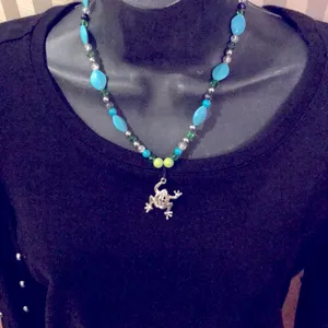 2$30 New silver frog necklace on beaded chain in blue thumbnail 1