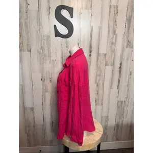 Hot Pink 100% Cotton Gauze Long Sleeve Button Down Shirt Shacket Women's S thumbnail 2