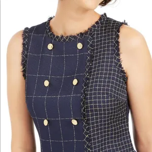 Julia Jordan Dress Shift Woven Navy Blue Decorative Buttons Sz 4 Raw‎ Edges Mini thumbnail 4