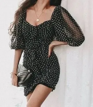 ZARA Chiffon Black Polka Dot Ruched Mini Dress Black Gray Party Blogger‎ Small thumbnail 1