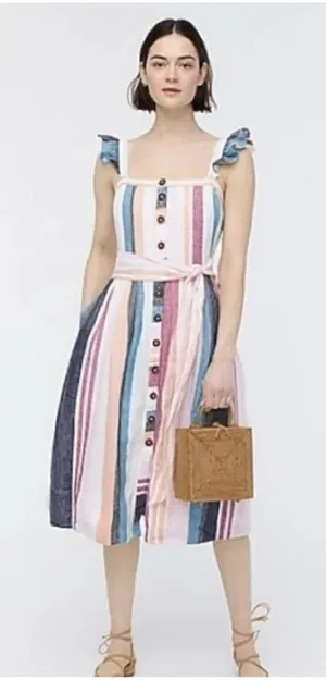 J.Crew Linen Striped Button Front Midi Dress‎ Women's 10 Coastal Chic thumbnail 1