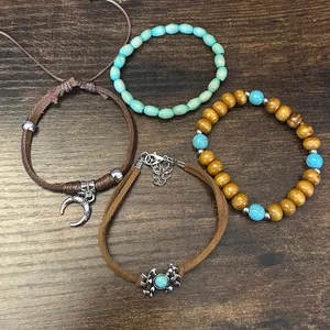Bohemian Turquoise Beaded & Leather Bracelet Set thumbnail 2