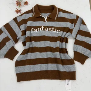 Fantastic Striped V-Neck Polo Sweater in Brown and Gray thumbnail 3