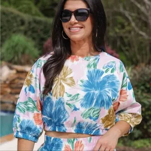 NWT Aureum Floral Puff Sleeve Cropped Blouse Pink Blue Botanical Boho Size M thumbnail 1