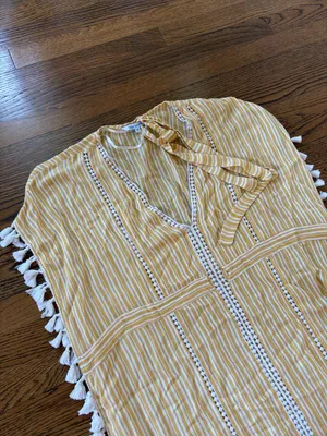 Blue Island Yellow Striped Tassel beach coverup, M thumbnail 2