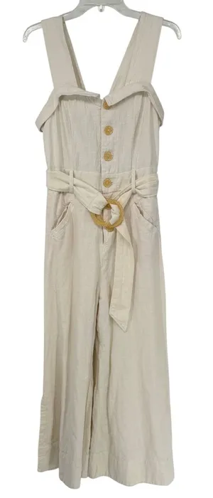 Anthropologie Cream Linen Blend Wide Leg Jumpsuit Belted‎ Button Front 6 Coastal thumbnail 1