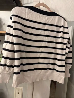 LOFT Black and Cream Striped Off-the-Shoulder Sweater thumbnail 4