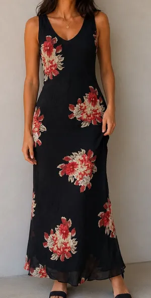 Vintage Temptation Black Floral Maxi Dress 90s Rayon Chiffon Overlay Size M thumbnail 1