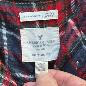 American Eagle Ahh-amazingly Soft Boyfriend Fit Red & Blue Plaid Shirt Sz L thumbnail 10