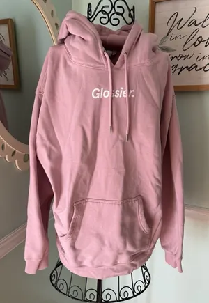 Glossier Original Pink Hoodie‎ Pullover Sweatshirt Spell Out Logo Women Size L thumbnail 1