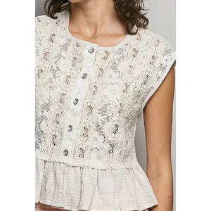 POL Round Neck‎ Lace Sleeveless Top with Double Gauze Ruffle - Small thumbnail 6