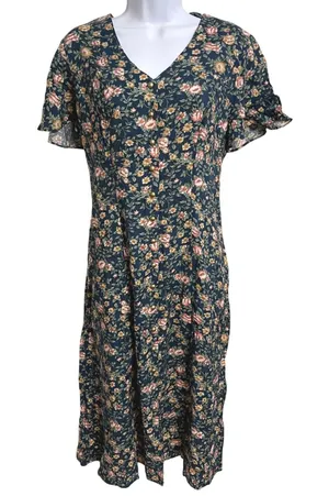 Vintage 90s Caroline Wells Ditsy Floral Cottagecore Button Front Midi Dress 8 thumbnail 1
