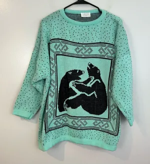 Vintage Honors Plus Teal Blue/Black Crewneck Bears and Polka Dot Sweater Size XL thumbnail 1