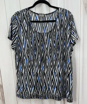 Chico’s Travelers Women’s 3 Black white Blue Slinky Stretchy Top thumbnail 1