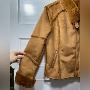 Wiya / Boutique Faux Suede Fur Full Zip Moto Jacket Camel Sz Medium thumbnail 5