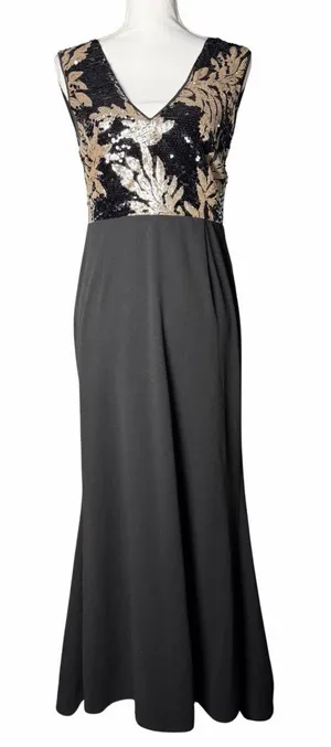 Lulus Gilded Glory Gold and Black Sequin Open Back Maxi Gown Women's size XL thumbnail 1