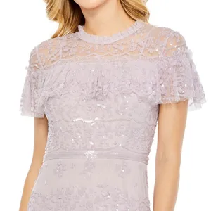 NWT Mac Duggal 9195 Illusion Mesh Overlay Ruffled Long Dress Lilac Size 14 thumbnail 4