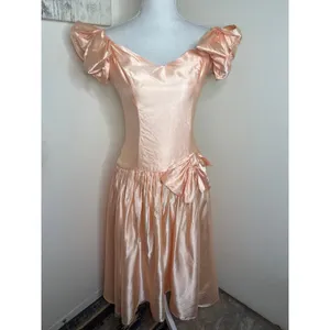 Vintage 80s Peach Satin Prom Dress ILGWU Drop Waist Puff Sleeve Bow Hi Low thumbnail 2