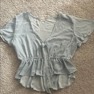 Altar'd State Blue and White Flutter Sleeve Peplum Blouse thumbnail 1